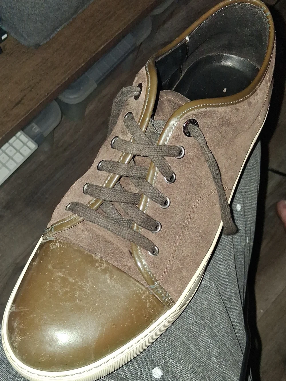 Lanvin Brown Suede and Leather Cap-Toe Sneakers